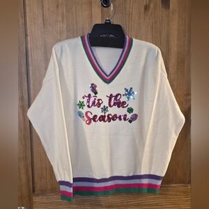 Festive Cream Sweater with Multicolor Accents